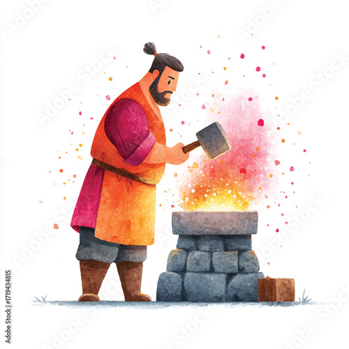 A blacksmith working at a forge, focused on the craft, with vibrant colors and a detailed illustration style.