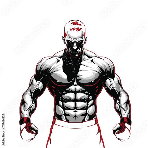 Aggressive muscular fighter with boxing gloves and intense stare, ready for combat