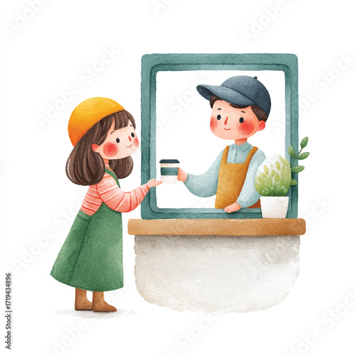 A charming watercolor illustration of a girl receiving a drink from a barista at a small counter.