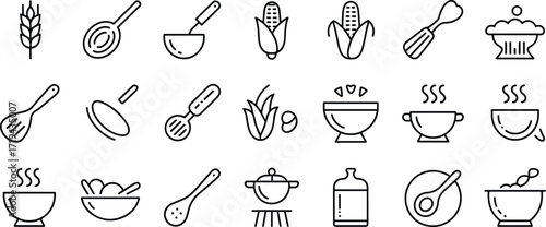 Collection of cooking and food preparation line art icons wheat ear of wheat