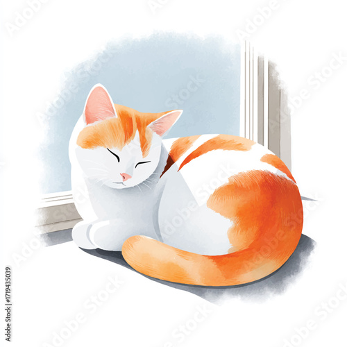A cute orange and white cat sleeping peacefully curled up.