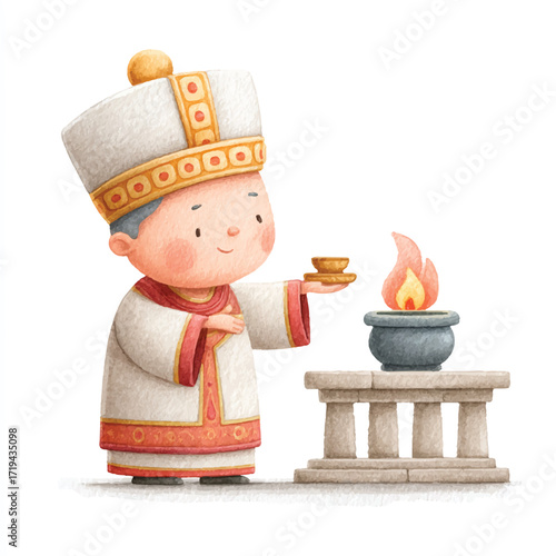 A cute cartoon pope performing a religious ceremony with a burning censer.