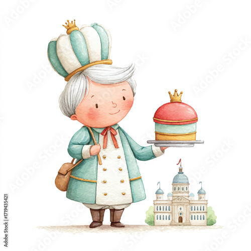 A regal figure, holding a cake, and a miniature castle in the background, a delightful illustration.