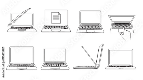 Set of diverse laptop computer sketches depicting various angles and open/closed states for digital design silhouette