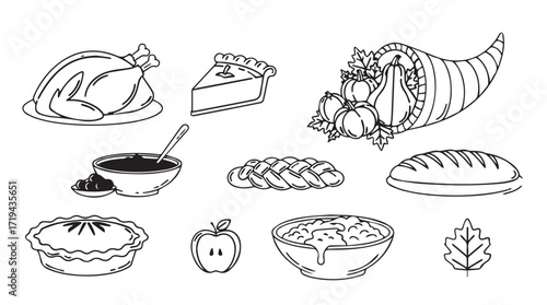 Abundant thanksgiving feast featuring roasted turkey pie and harvest foods hand drawn style silhouette