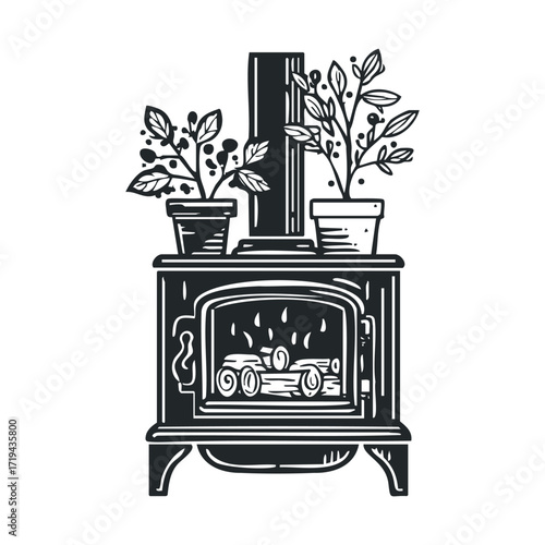 Cozy indoor fireplace with plants in decorative pots for warmth. Vector illustration