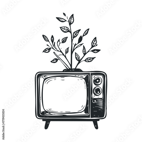 Vintage television with growing plant symbolizes nature and technology. Vector illustration