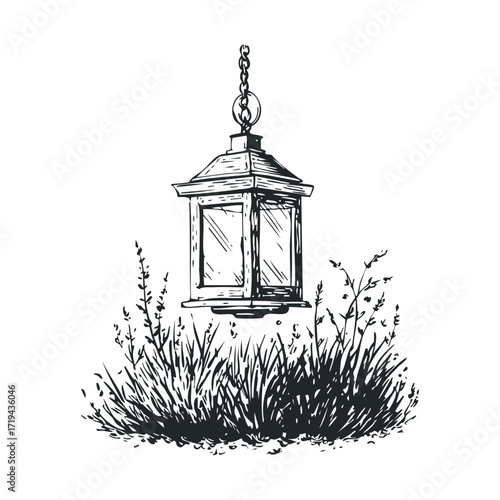 Vintage lantern hanging in lush grass with wildflowers. Vector illustration