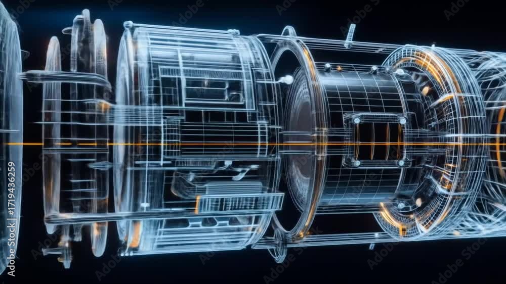 The aircraft's engines rotate, revealing intricate internal components ...