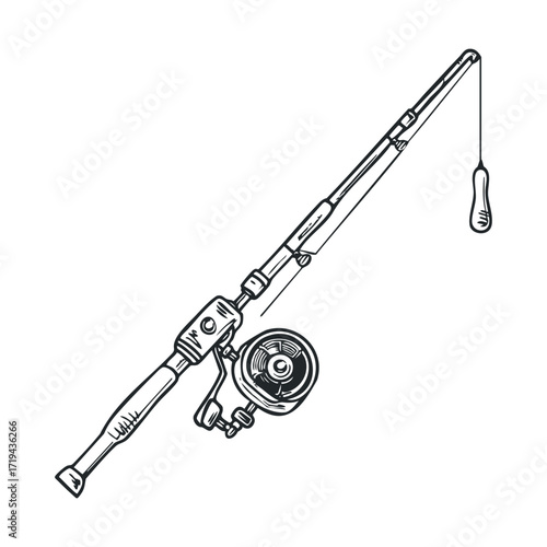 Classic fishing rod ready for use on a tranquil lake. Vector illustration