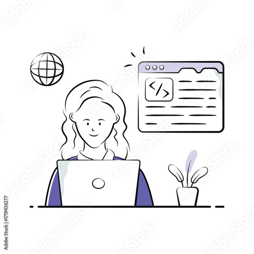 Woman working on web development project, focused on coding, ready to use illustration