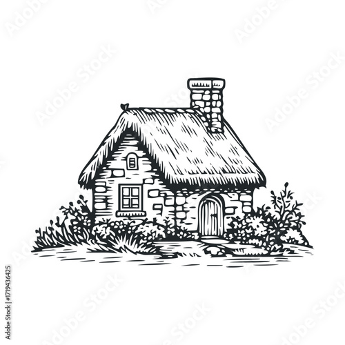 Charming thatched cottage surrounded by nature and greenery. Vector illustration