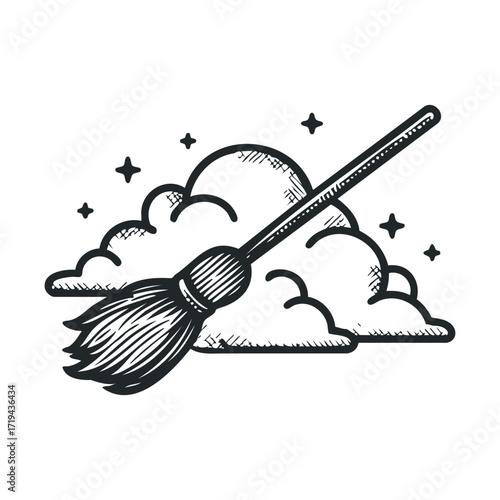 Broom sweeping away clouds in a whimsical design for home decor. Vector illustration