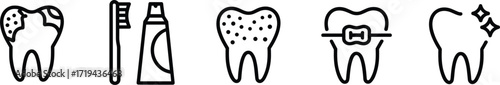 Dental Care Icons Set Toothbrush Paste Braces Cavities And Sparkle hygiene health