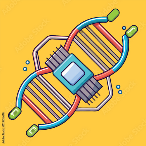 Dna molecule connected to a microchip, representing genetic engineering and biotechnology