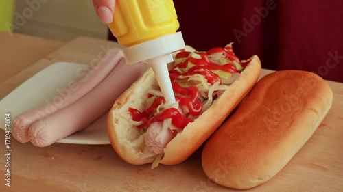 Female hands pouring mustard on hot dog during cooking close up