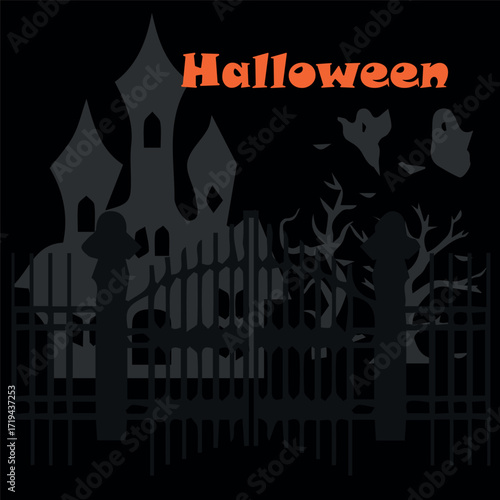 A Gothic castle and a creepy fence on a Halloween postcard. Silhouettes popular on holiday against a black background, ghosts flying over the castle.