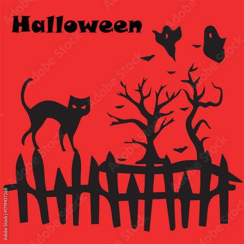 A Halloween card, for prints and invitations. A red background and a creepy fence with a black cat. Ghosts and dead trees behind the fence.