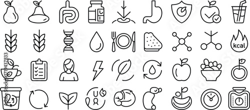 Healthy lifestyle nutrition and diet icons set on white background Keywords: healthy, lifestyle