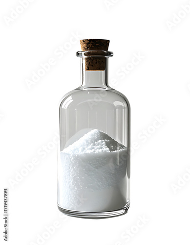 A clear glass bottle with a cork stopper contains a mound of white powder