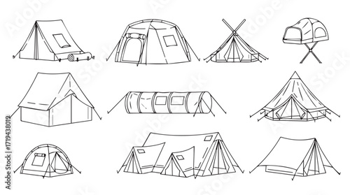 Collection of diverse hand-drawn camping tents for outdoor adventures and recreation silhouette