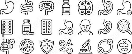 Human Digestive System and Medical Icons Set with Pills and Microbes health