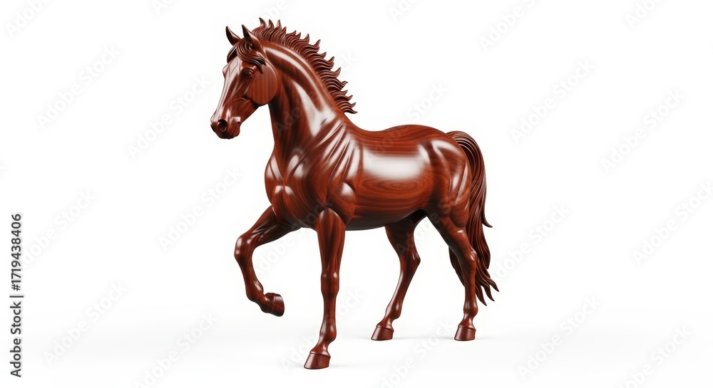 Obraz premium A realistic 3D rendering of a brown horse standing with its front left leg raised, against a white background.