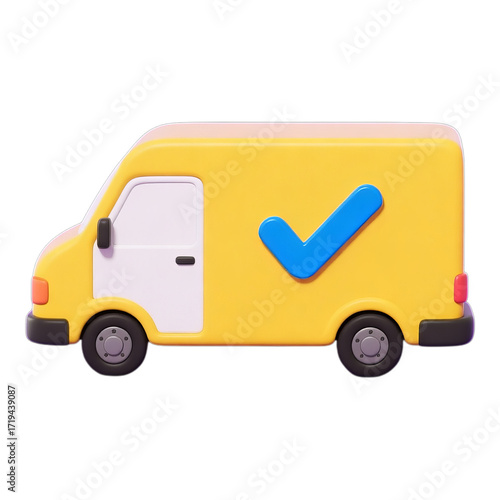 Yellow Cargo Van with Blue Check Mark, 3D Realism Design Element with Transparent Background