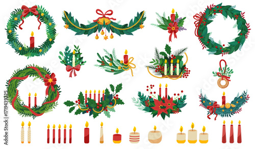 Christmas wreath and candles. Cartoon advent burning candlelight and xmas fir branches wreath with red bow, pine cons and red berries, holiday religious decor. Vector set