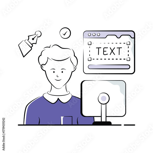 This illustration depicts a friendly, focused UI/UX designer working on a project.