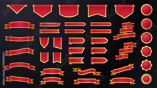 Golden red ribbon label. Luxury premium quality vintage royal badges with decorative scrolls and ribbons, luxury certificate stickers. Vector red gold stamp emblem set