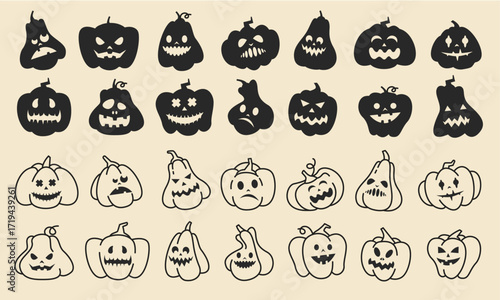 Black Halloween pumpkin. Cute scary cartoon faces on black silhouette pumpkins, funny evil halloween line monster characters expressions. Vector spooky Halloween holiday icons