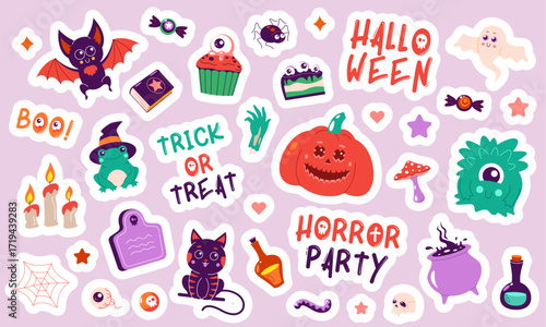Halloween stickers. Cute scary autumn characters, spooky mystery elements flat style, trick or treat labels with ghosts pumpkin monster. Vector Halloween set
