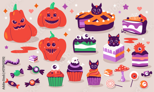 Halloween cakes. Candy cupcake pies cartoon traditional autumn holiday pastries, cute spooky decorated sweet desserts for October party celebration. Vector Halloween isolated set