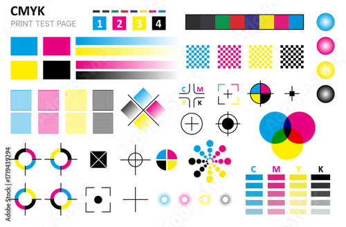 CMYK color print. Calibration and control marks for cyan magenta yellow black ink printing, swatch halftone strips process. Vector print test tables and symbols collection