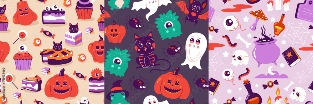 Fototapeta premium Halloween patterns. Seamless print of scary holiday symbols, abstract background with pumpkin ghost monster for wallpaper design. Vector Halloween texture set