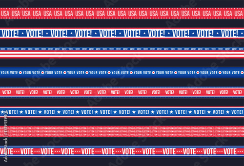 USA election banner seamless stripe. American flag border ribbons with stripes, United States patriotic elements for presidential and congress election banner. Vector set.