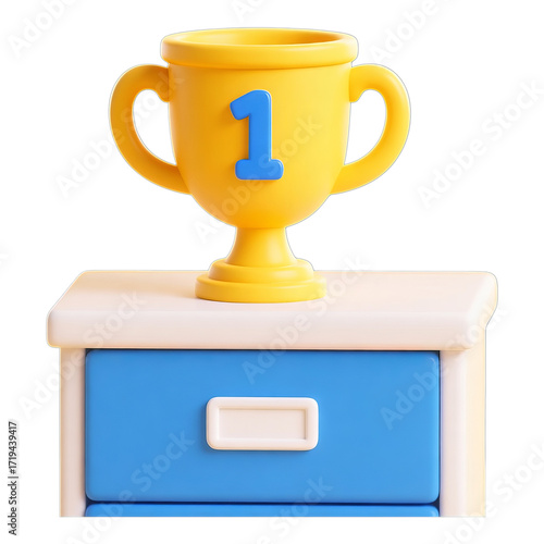 Yellow Trophy with Blue Number 1, 3D Realism Design Element on Transparent Background