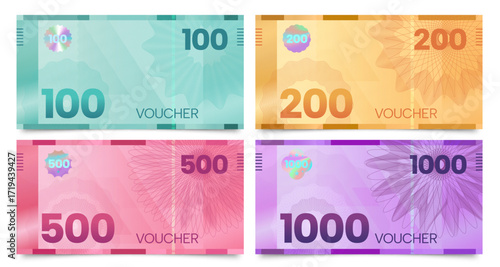 Guilloche banknote vouchers. Elegant gift certificate with security guilloche wave mesh, cheque coupon with watermark and frame design. Vector set