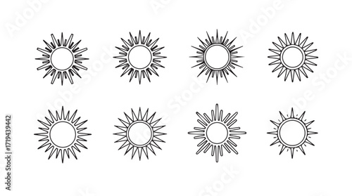 Collection of eight stylized sunburst rays emanating circular designs black and white graphic elements silhouette