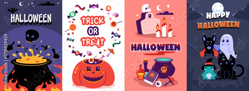 Cute Halloween cards. Cartoon funny spooky characters for invitation flyers posters, creative trick or treat party greeting card design. Vector holiday banners collection