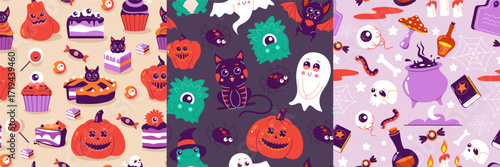 Halloween patterns. Seamless print of scary holiday symbols, abstract background with pumpkin ghost monster for wallpaper design. Vector Halloween texture set
