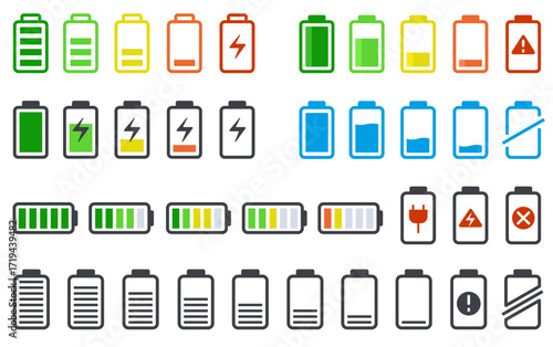 Battery status icon. Electric charging UI indicator, electric bike, car and phone battery charge level status symbols, fully charged and low battery sign. Vector set