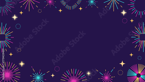 Line fireworks background. Celebration bright festive decoration with firecrackers, happy birthday party greeting banner design. Vector illustration