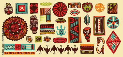 African pattern elements. Geometric traditional tribal African art, abstract grunge ethnic print collection for naive decoration design. Vector folk isolated set