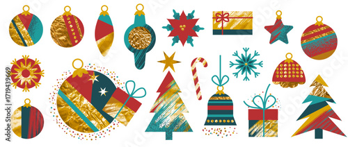 Christmas textured elements. Cute traditional winter holiday symbols with rough grunge golden surface texture , cartoon New Year holiday decoration graphic. Vector isolated set
