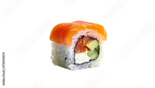 Wallpaper Mural A single, perfectly formed sushi roll, showcasing vibrant orange salmon atop white rice, creamy cheese, avocado, and cucumber within Torontodigital.ca