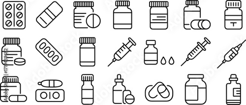Pharmaceutical and medical drug icons set line art medicine pill