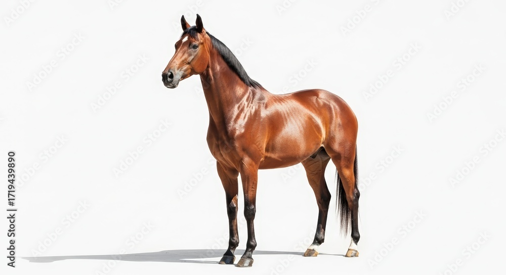 Obraz premium A majestic brown horse with a dark mane stands proudly against a clean white background, showcasing its sleek coat and powerful build.