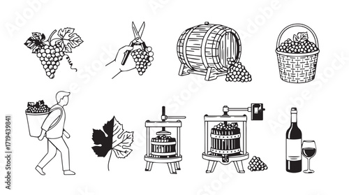 Hand drawn vintage wine making process elements collection for beverage industry branding silhouette
